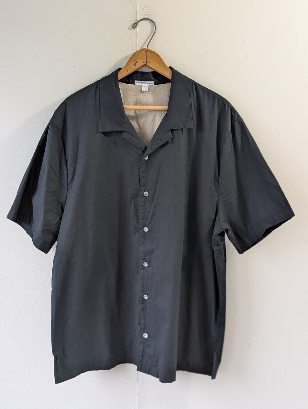 James Perse Cotton Black Short-Sleeve Camp Collar Button-Down Lined Shirt Size 3